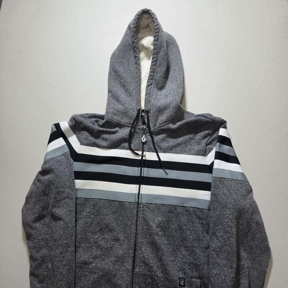 Volcom Hoodie Mens Large Gray Smash Fleece Full Zip Striped Hooded Sweatshirt